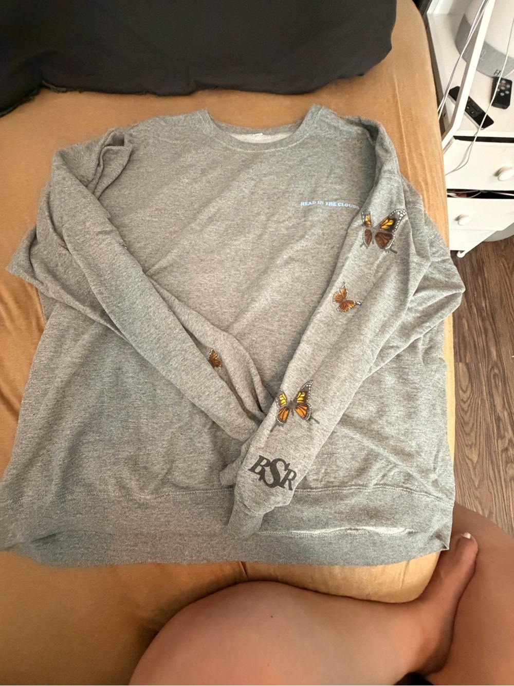 Gray women’s Crewneck Sweater with Butterfly Sleeve Print